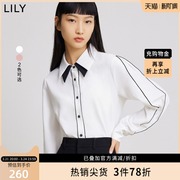 LILY2022春女装设计感撞色假双层领通勤宽松白色长袖雪纺衬衫