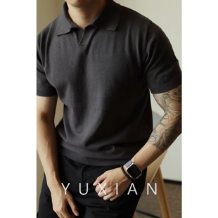 yuxian余闲纯色v领针织polo衫，美式复古马球翻领，t恤短袖纯棉男士