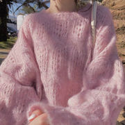 粉色马海毛镂空套头毛衣女(毛，衣女)春季外穿宽松慵懒风，甜美超仙薄款针织衫
