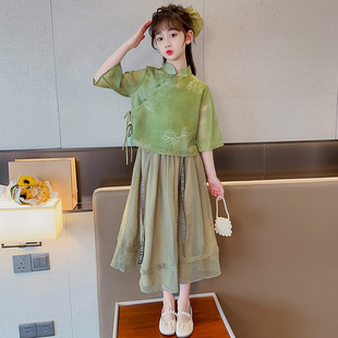 女童夏季中国风汉服，套裙2024儿童洋气唐装，连衣裙夏装裙子套装