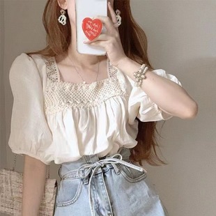 韩国chic夏季设计感小众蕾丝，边方领白色，灯笼袖衬衫薄款短袖娃娃衫