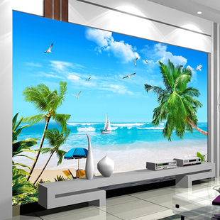 8d电视背景墙壁纸海景沙滩，壁画简约风景墙布，18d立体客厅影视墙纸
