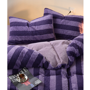 美式复古条纹秋冬保暖月亮绒，床上四件套加厚牛奶绒珊瑚绒被套床单