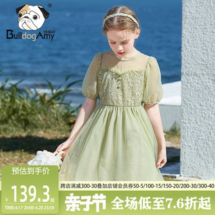 女童绿色连衣裙2024夏装洋气泡泡袖儿童网纱公主裙小女孩裙子