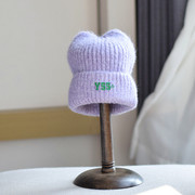 韩版可爱猫耳朵刺绣毛线帽子女卡通羊毛针织帽冬季加厚保暖冷帽女