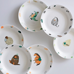 7英寸卡通深盘家用可爱盘子骨瓷，餐具陶瓷早餐盘，汤菜盘小碟子套装
