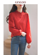 法式长袖衬衫女上衣叠穿木耳边设计秋冬内搭红色立领衬衣羊毛别致