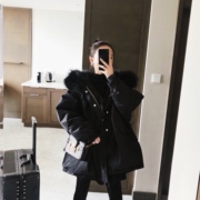 2022冬装韩版斗篷派克服黑色保暖宽松外套骆，子毛领羽绒服女