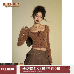 BeerBro美式辣妹U领蕾丝打底针织衫女秋冬短款高腰美拉德上衣咖色