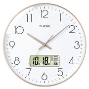 timess液晶显示万年历(万年历)挂钟，客厅卧室圆形钟表，家用免打孔时钟时尚创