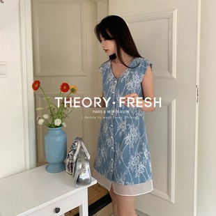 theoryfresh法式甜美蕾丝，拼接欧根纱设计v领无袖连衣裙2024夏季