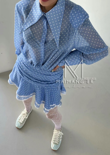 韩国女装2024春款清新减龄气质波点纹，雪纺垫肩优雅连衣裙