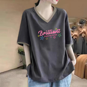 外贸品牌100%纯棉拼色V领短袖T恤衫夏季大码宽松百搭女士上衣