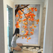 3d立体玄关柿子树油画，艺术墙纸背景墙装饰画客厅，走廊过道壁纸竖版