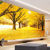 中式3d立体金黄树木小道，无缝壁画自然，风景客厅沙发电视背景墙纸