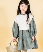 日本Ampersand 2024春女童真两件条纹立领长袖连衣裙针织马甲套装