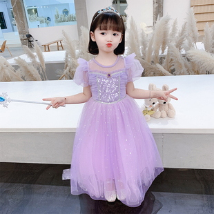 女童苏菲亚公主裙儿童，夏季萦菲亚连衣裙生日，礼服小女孩紫色网纱裙