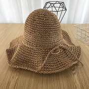 草帽女夏天太阳帽，大沿卷边可折叠遮阳帽，手工编织沙滩帽休闲凉帽