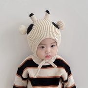 秋冬季婴儿牛角毛线帽针织男童宝宝护耳帽小童可爱超萌新生保暖帽