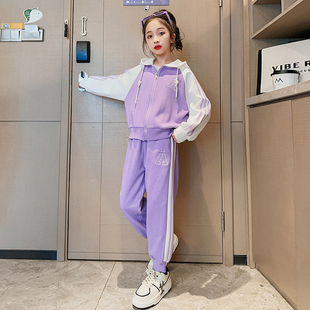大童女装一米二三四五六年级七八九十岁小孩春季衣服紫色运动套装