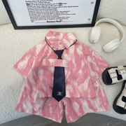男童短袖衬衫套装2024夏季女宝韩版领带粉色，雪纺衬衣短裤三件套潮