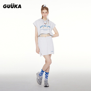 GUUKA两件套装女夏于文文同款连帽短款刺绣T恤嘻哈绑绳束身短裙女