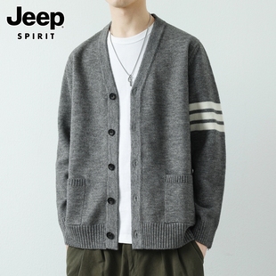 jeep吉普2023秋冬v领针织开衫男士，韩版潮流休闲加厚毛衣外套