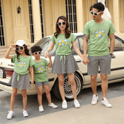 亲子装男女儿童情侣纯棉短袖，t恤绿色父，母子两件套装裙子夏一家人