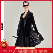 havva2024春季西装外套，女时尚复古气质黑色，丝绒西服上衣b1562