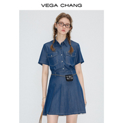 vegachang牛仔连衣裙，女2024年夏季复古时尚，收腰显瘦百褶短裙