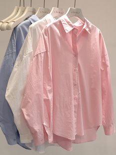 bi备单品~2024春季韩系宽松薄款纯棉粉色衬衫女前短后长上衣