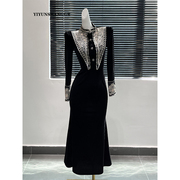 黑色复古丝绒刺绣连衣裙女冬季时尚高级感法式赫本风礼服裙子