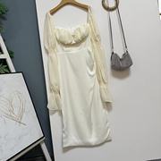 法式方领性感带胸垫，拼接雪纺长袖设计感小众洋气仙仙连衣裙0113