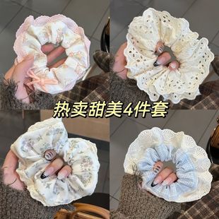 芭蕾风奶蓝格子重工烫钻蕾丝花边韩版大肠发圈可爱奶油甜妹发绳女