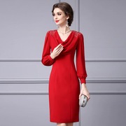 高端设计感重工钉珠连衣裙2023秋季红色长袖气质贵妇人包臀裙
