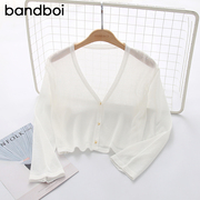 秋季韩版冰丝针织防晒开衫薄款外套女短款白色披肩上衣空调衫