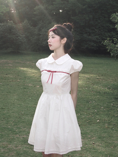 南西红丝带蕾丝花边娃娃领连衣裙，短袖2024夏季白色初恋裙