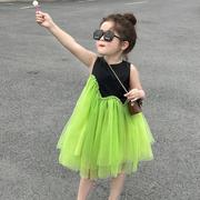 韩系女童夏季洋气绿色网纱拼接连衣裙儿童蓬蓬裙女宝宝背心裙