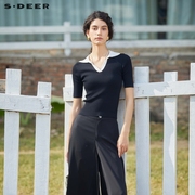 sdeer圣迪奥女装法式复古POLO领撞色修身针织衫S24263501