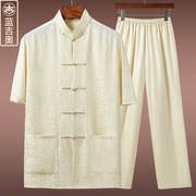 重磅真丝唐装男夏季短袖桑蚕丝绸套装爷爷中老年人中式中国风男装