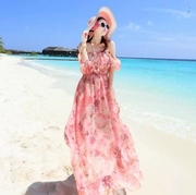 度假拍照沙滩裙一字肩雪纺连衣裙夏季甜美显瘦公主裙露肩气质长裙