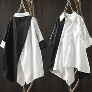 黑白撞色衬衫女宽松短袖设计感洋气夏韩版个性不规则下摆斜襟衬衣