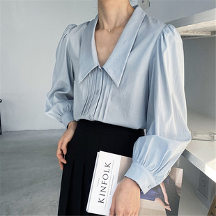 法式韩版宽松翻领衬衫女2022春季设计感小众洋气气质长袖衬衣