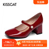KISSCAT/接吻猫春秋季牛漆皮方头粗跟珍珠玛丽珍单鞋女KA21531-11