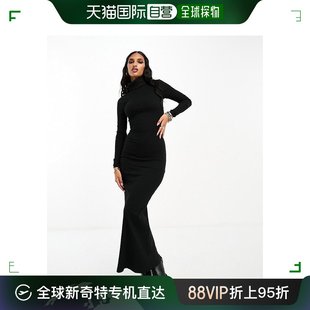 香港直邮潮奢asos女士设计罗纹高翻领(高翻领，)长袖中长连衣裙(黑色)