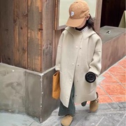 韩国童装儿童高端双面羊绒呢大衣男女童韩版中长款连帽呢外套