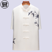 手绣唐装短袖男夏季上衣中式复古立领古装中式男装风大师衣服白色