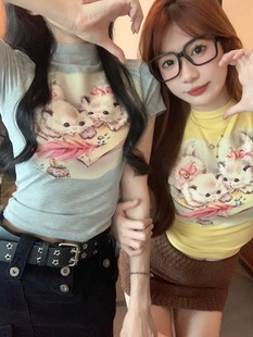 辣妹卡通猫咪印花黄色短袖，t恤女夏季短款紧身显瘦多巴胺穿搭上衣