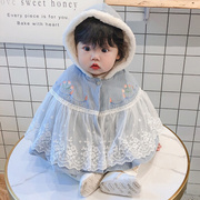 秋冬款女童宝宝中国风蕾丝拼接连帽斗篷，婴儿加绒加厚披风防风外套