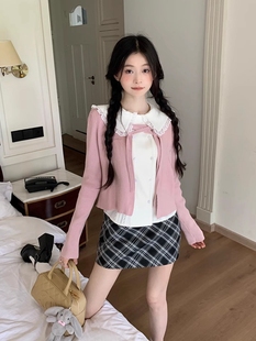 甜美少女感韩系套装粉色针织开衫蕾丝衬衫夏季高腰格子短裙三件套